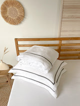 White Linen Duvet Cover Set with Border Pillowcases and Dark Grey Trim