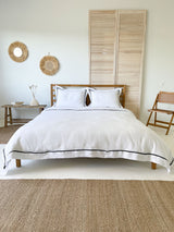 White Linen Duvet Cover Set with Border Pillowcases and Black Trim