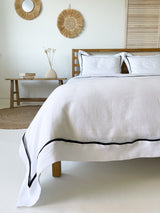 White Linen Duvet Cover set with Sham and Black Trim
