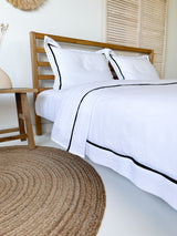 White Linen Duvet Cover set with Sham and Black Trim