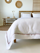 White Linen Duvet Cover set with Border and Dusty Pink Trim