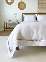 White Linen Duvet Cover Set with Border Pillowcases and Dusty Pink Trim
