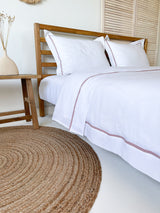 White Linen Duvet Cover Set with Border Pillowcases and Dusty Pink Trim