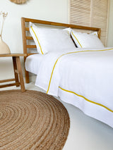 White Linen Duvet Cover set with Sham and Yellow Trim