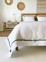 White Linen Quilt Cover set with Border and Dark Green Trim