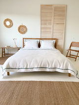 White Linen Quilt Cover set with Sham and Dark Green Trim