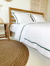 White Linen Duvet Cover set with Sham and Dark Green Trim