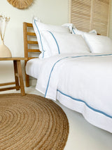 White Linen Duvet Cover with Border and Light Blue Trim