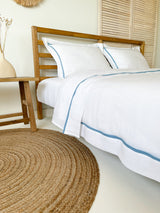 White Linen Duvet Cover Set with Border Pillowcases and Light Blue Trim