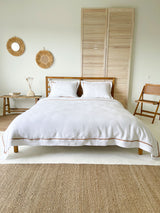 White Linen Duvet Cover set with Sham and Tan Trim