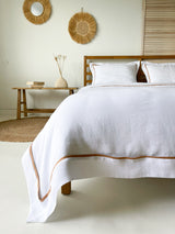 White Linen Duvet Cover set with Sham and Tan Trim