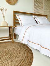 White Linen Duvet Cover set with Sham and Tan Trim