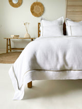 White Linen Duvet Cover with Border and Beige Trim
