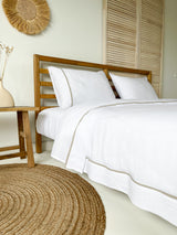 White Linen Duvet Cover set with Border and Beige Trim