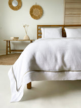 White Linen Duvet Cover set with Border and Beige Trim