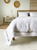 White Linen Duvet Cover set with Sham and Beige Trim