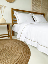 White Linen Duvet Cover set with Sham and Beige Trim