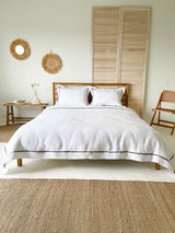 White Linen Duvet Cover Set with Border Pillowcases and Dark Grey Trim