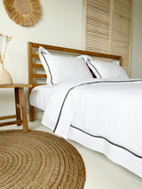 White Linen Duvet Cover Set with Border Pillowcases and Dark Grey Trim