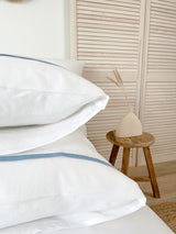 White Linen Pillowcase with Light Blue Trim