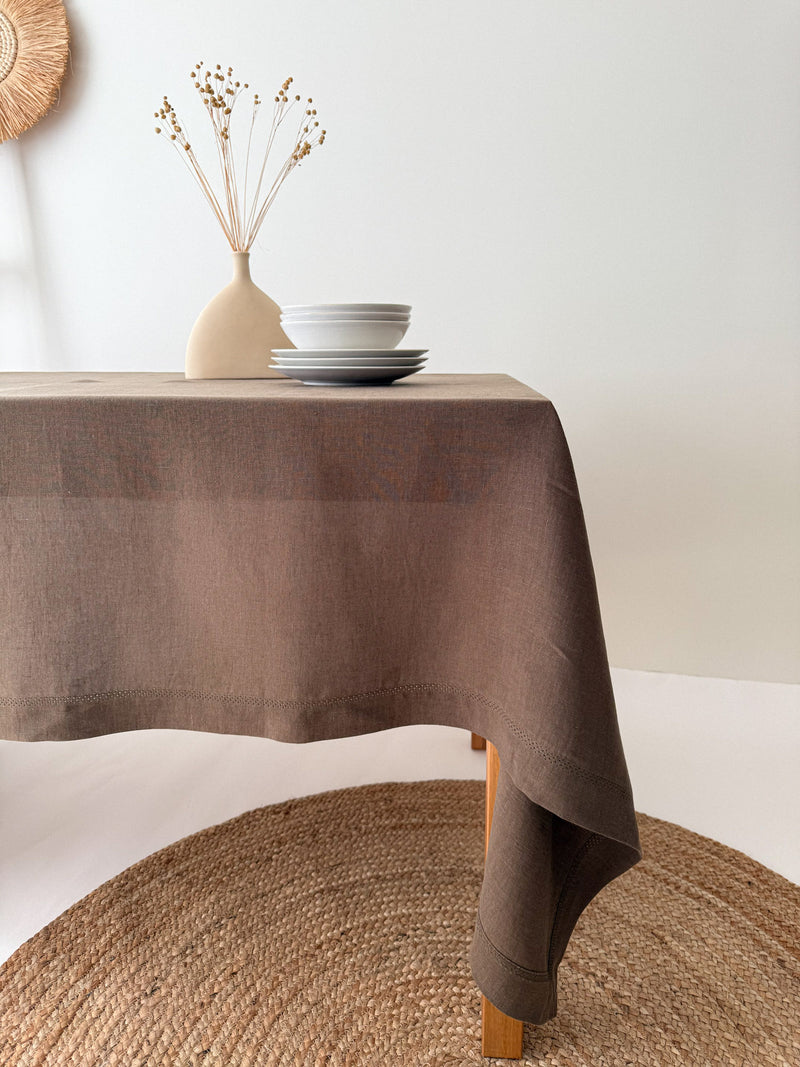 Brown Hemstitch Linen Tablecloth