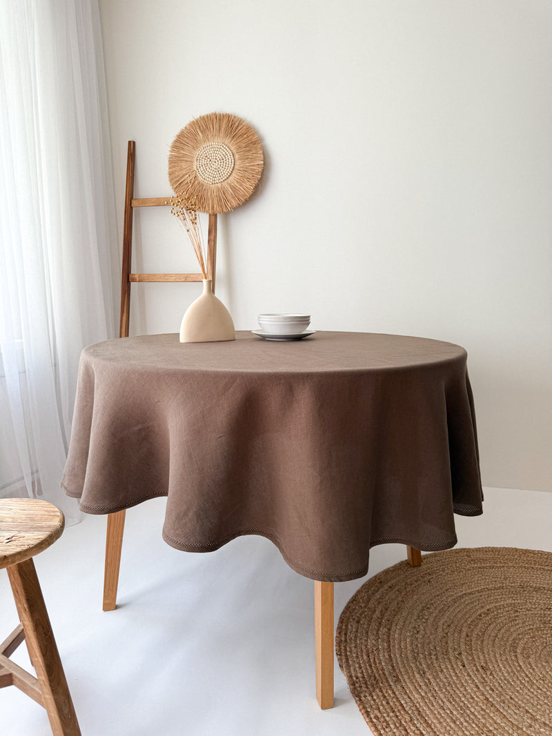 Brown Round Linen Tablecloth with Hemstitch