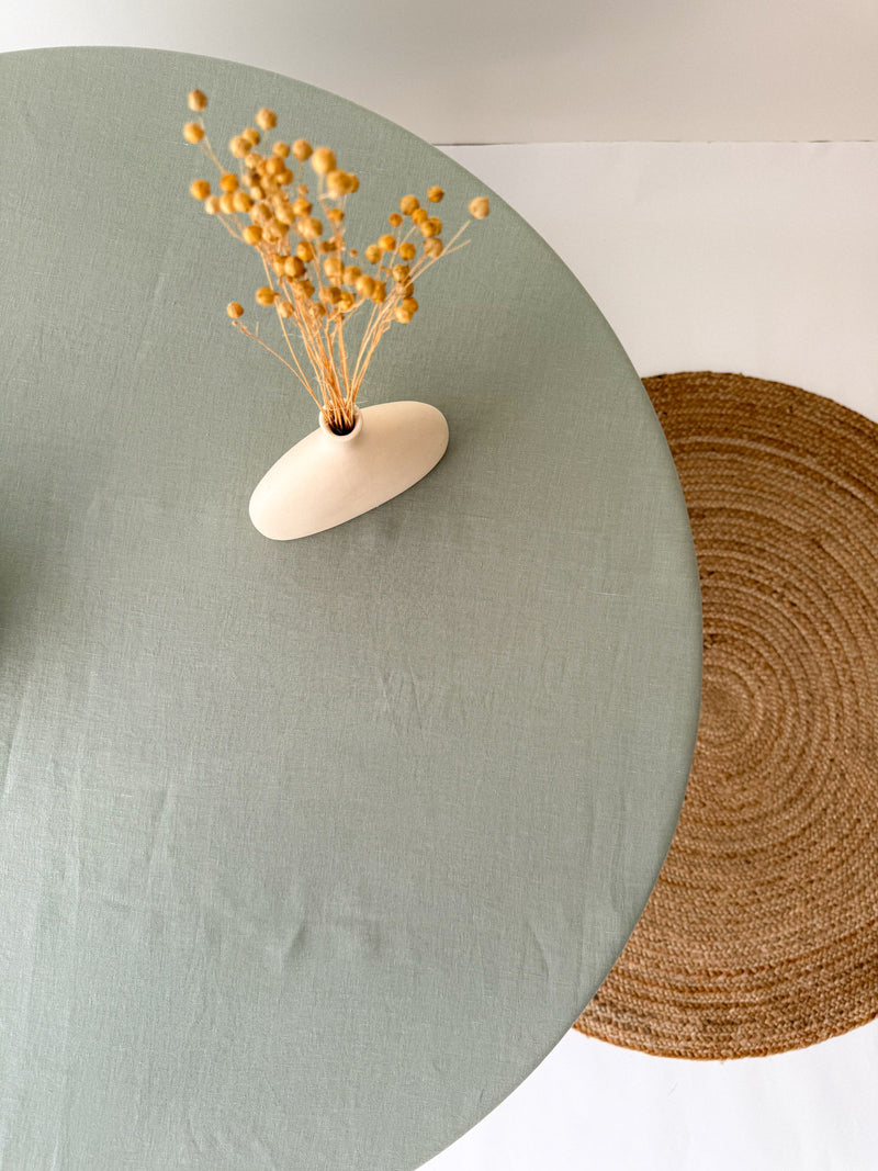 Sage Green Round Linen Tablecloth with Hemstitch