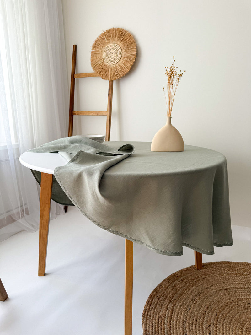 Sage Green Round Linen Tablecloth with Hemstitch