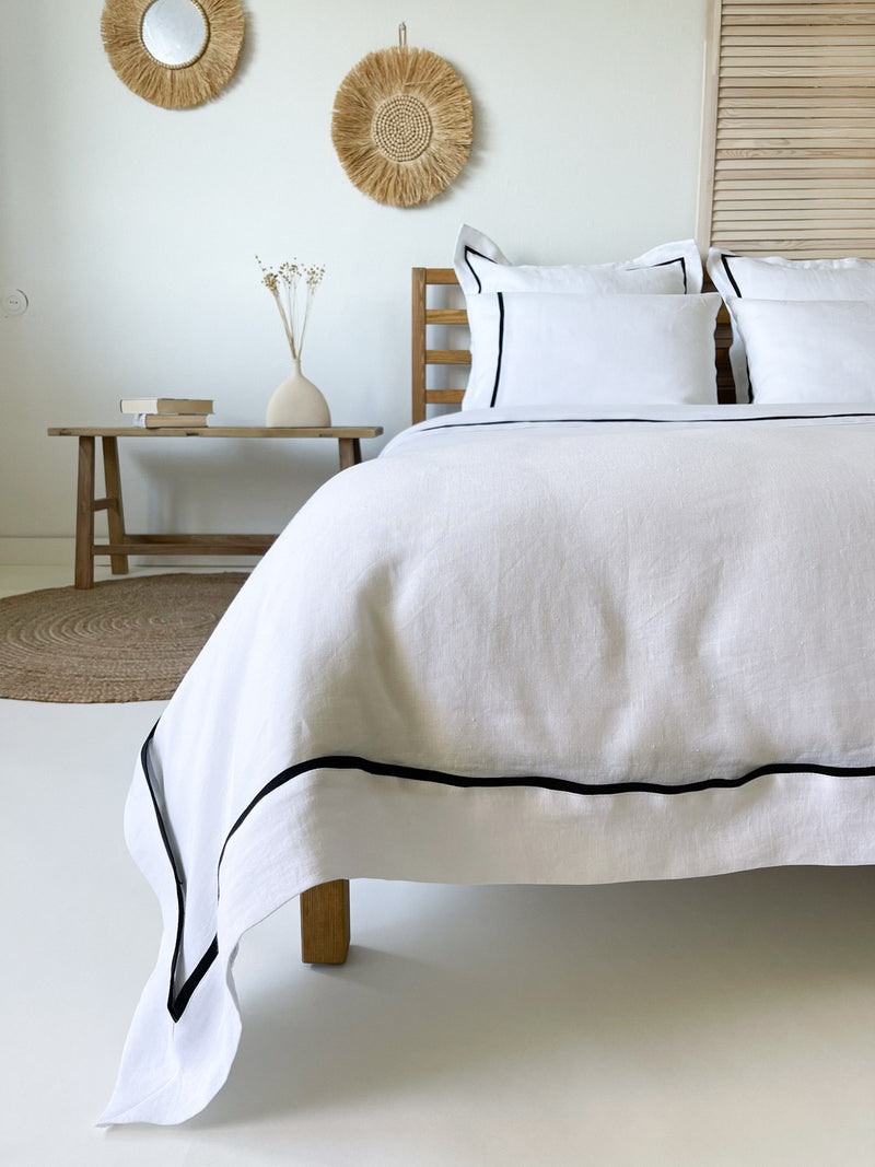 White Washed Linen Bedding Set with Black Trim