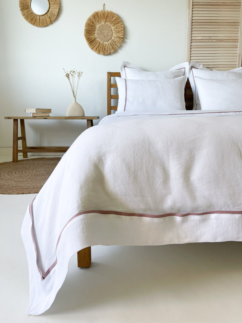 White Washed Linen Bedding Set with Dusty Pink Trim