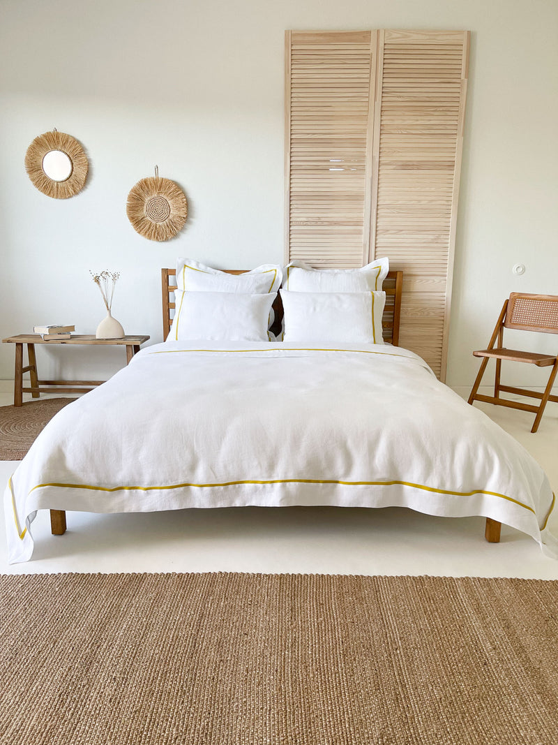 White Washed Linen Bedding Set with Yellow Trim