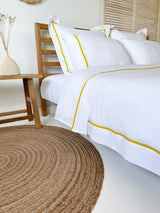 White Washed Linen Bedding Set with Yellow Trim