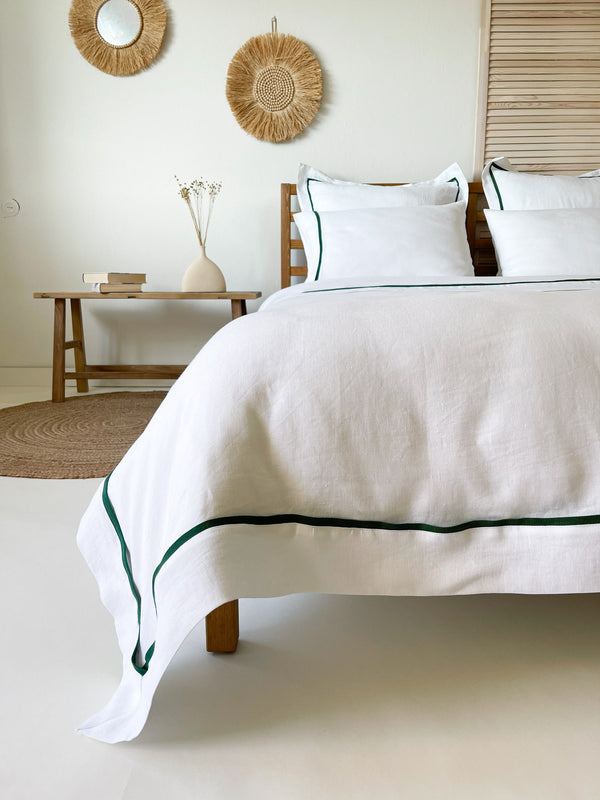 White Washed Linen Bedding Set with Dark Green Trim