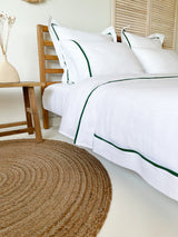 White Washed Linen Bedding Set with Dark Green Trim