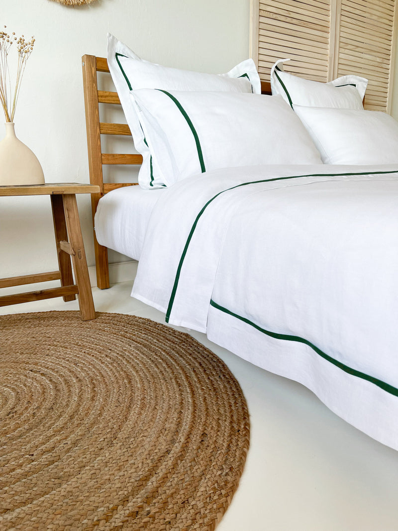 White Washed Linen Bedding Set with Dark Green Trim