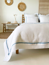 White Washed Linen Bedding Set with Light Blue Trim