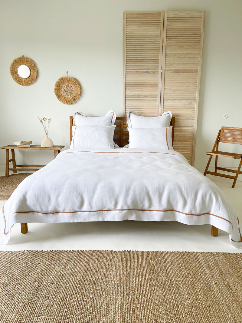 White Washed Linen Bedding Set with Tan Trim