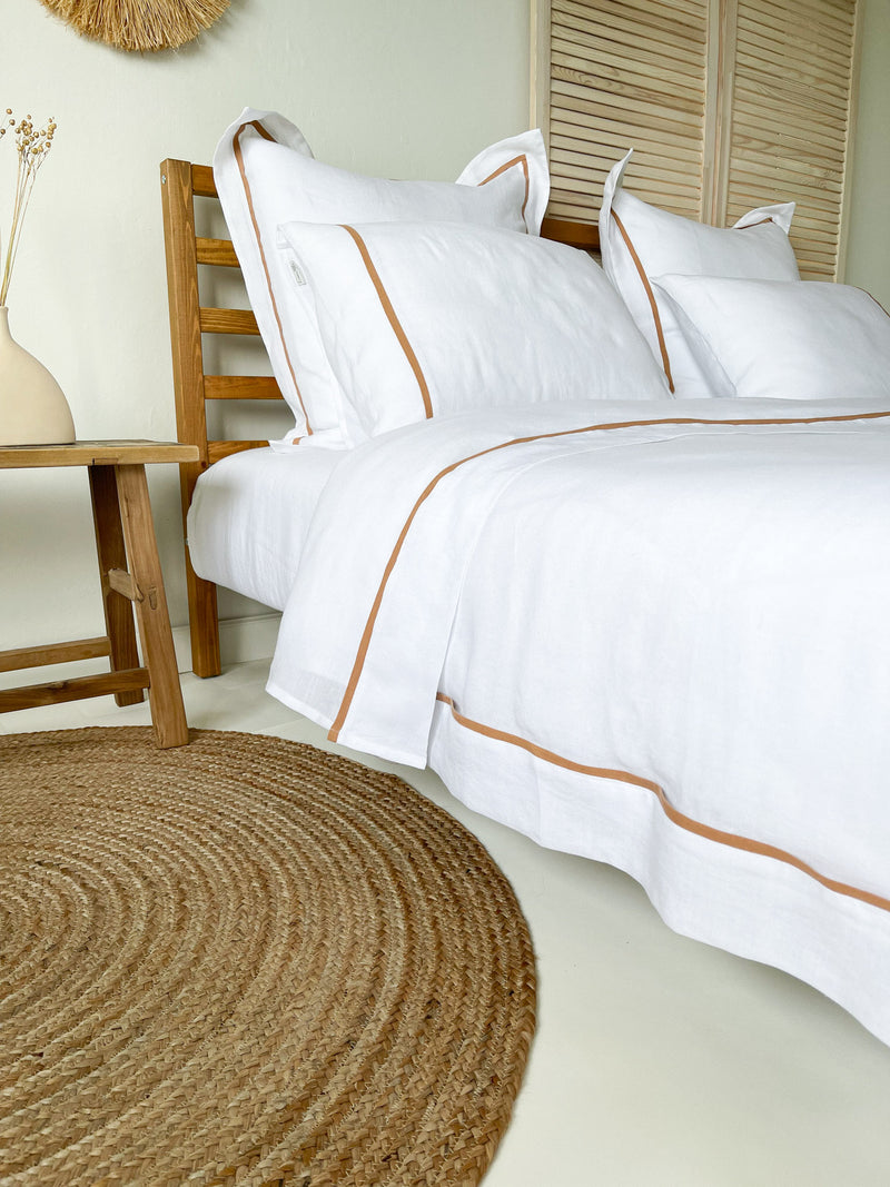 White Washed Linen Bedding Set with Tan Trim