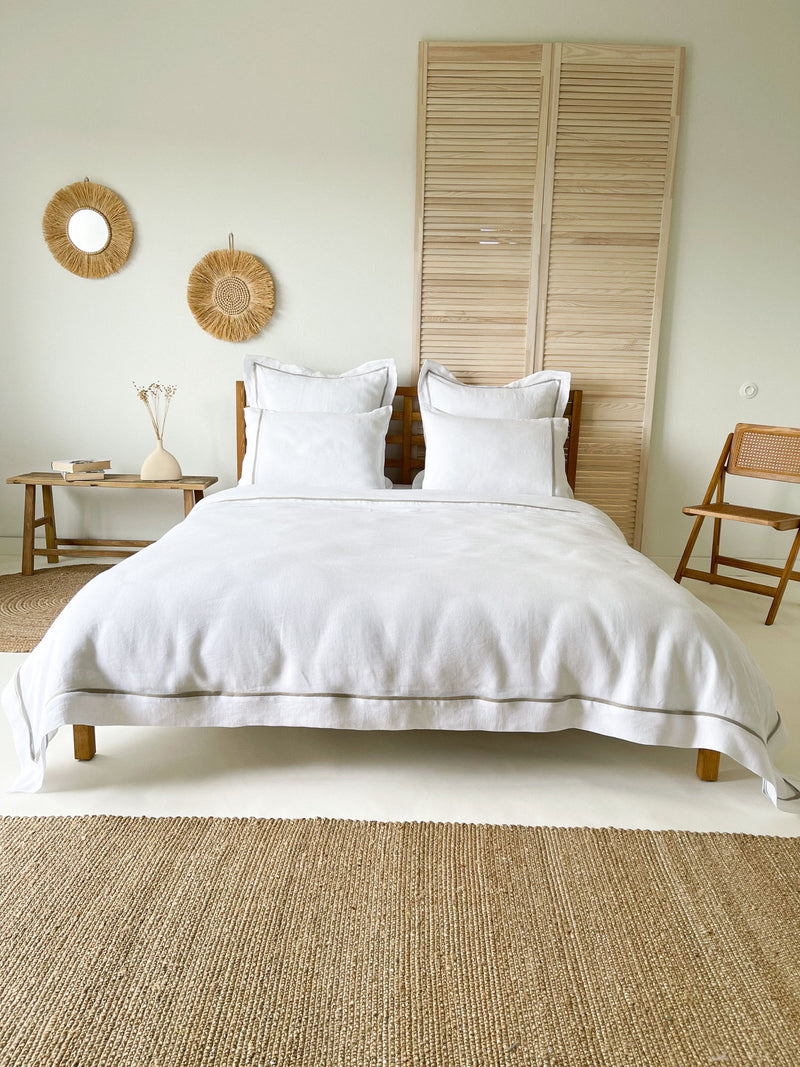 White Washed Linen Bedding Set with Beige Trim