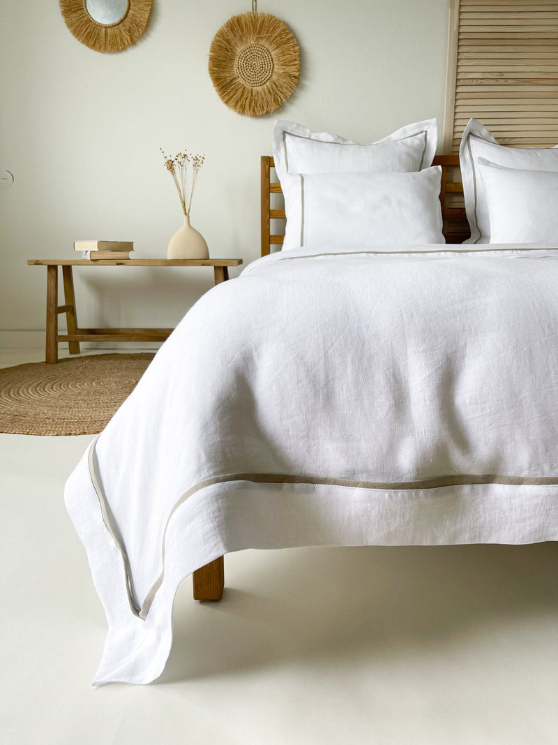 White Washed Linen Bedding Set with Beige Trim