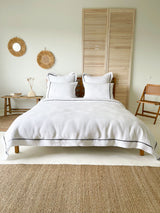 White Washed Linen Bedding Set with Dark Grey Trim