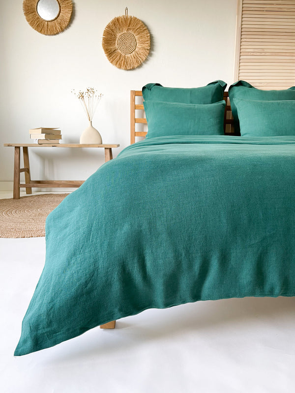 Dark Green Washed Linen Bedding Set