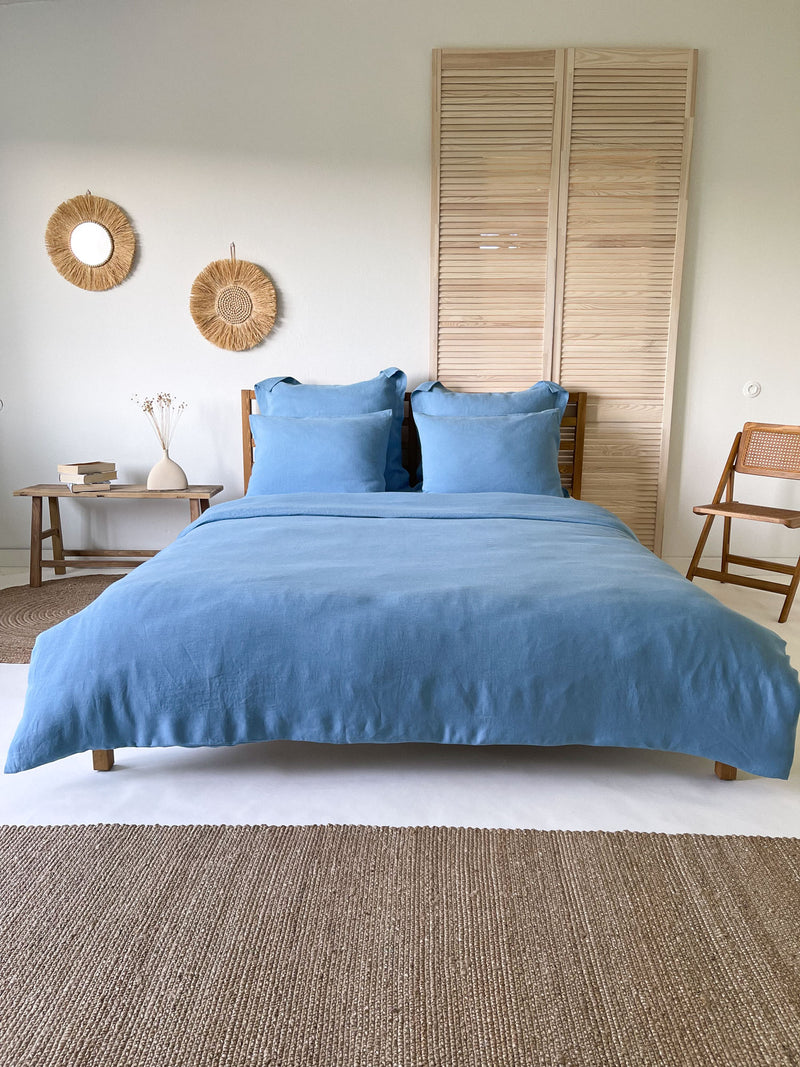 Light Blue Washed Linen Bedding Set