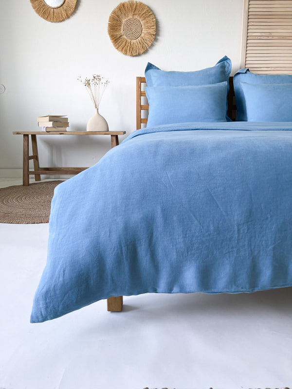 Light Blue Washed Linen Bedding Set