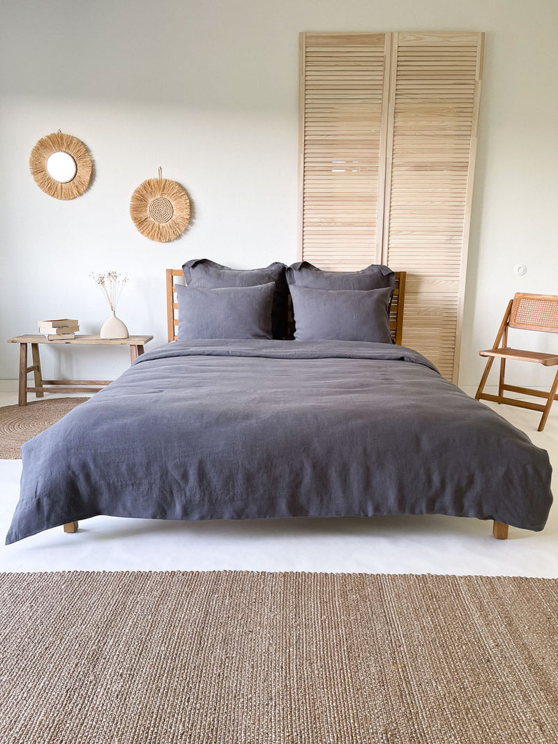 Dark Gray Washed Linen Bedding Set