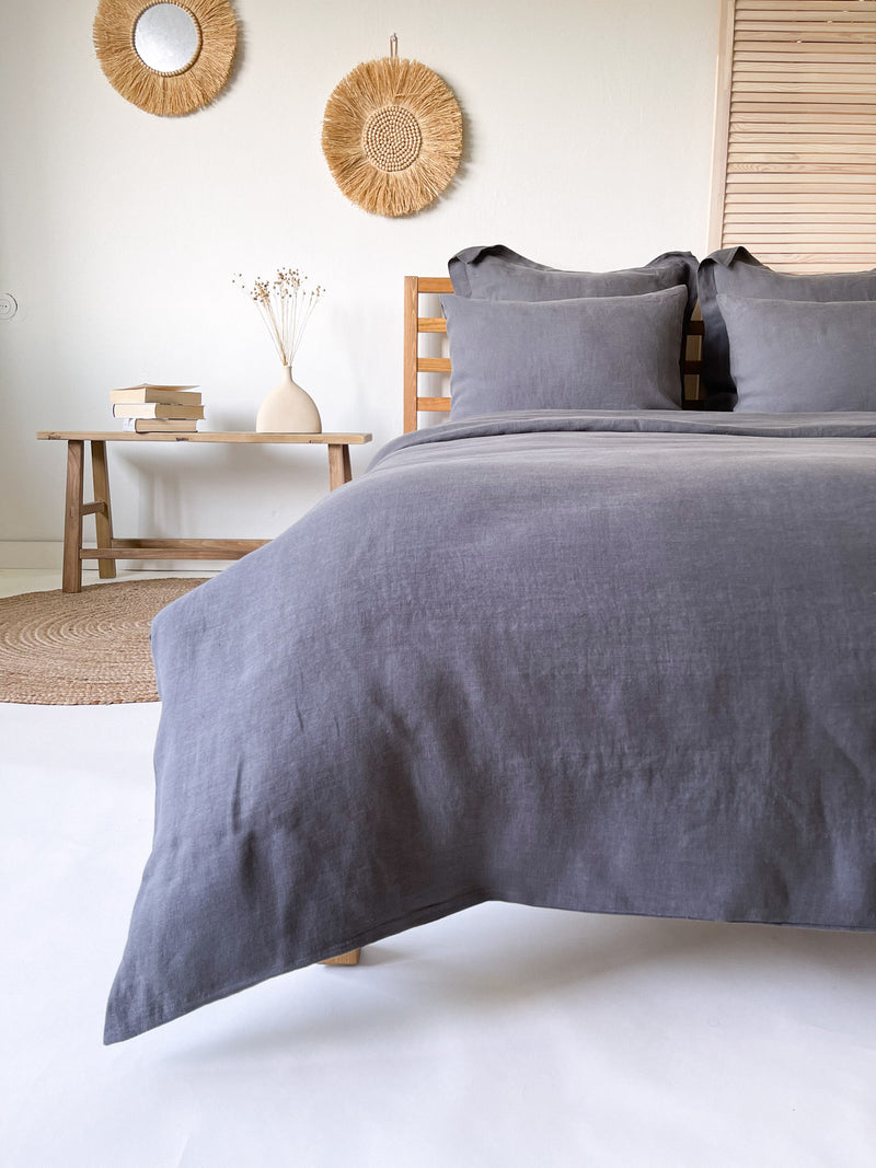 Gray Rattan Linen Dark Gray Charcoal Washed Linen Bedding Set - Flax Elegance – Linen Notes