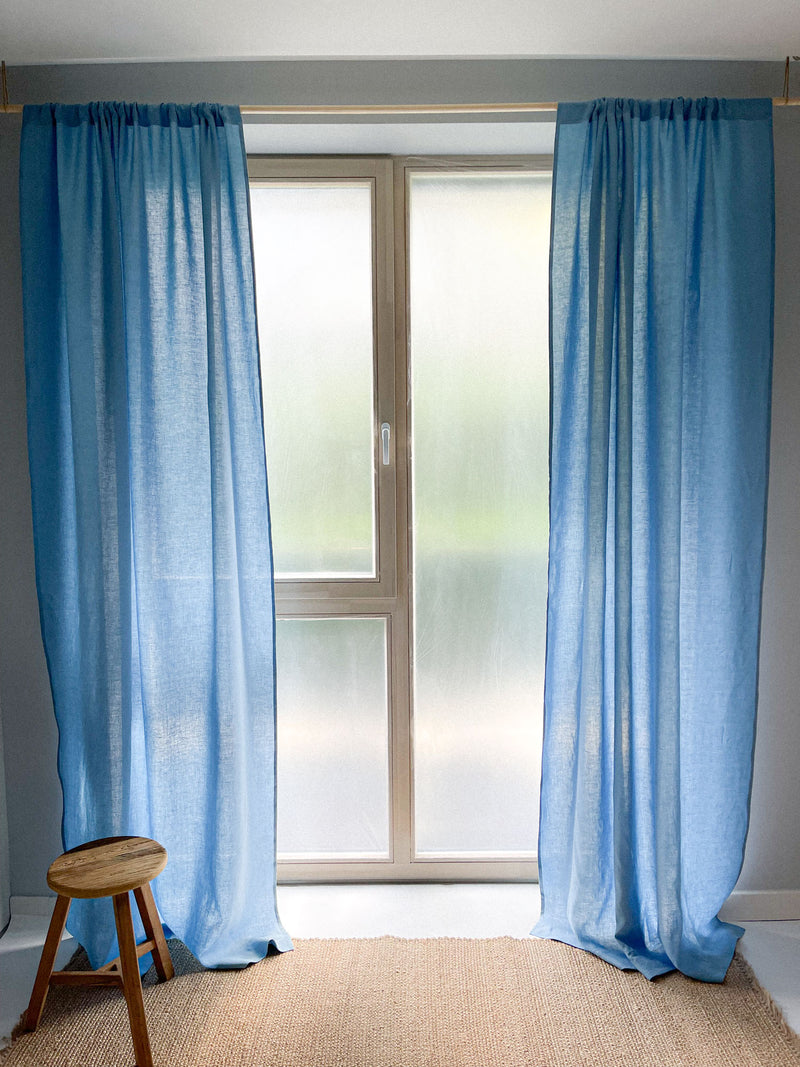 Medium Weight Washed Linen Curtains - Light Blue (Set of 2)