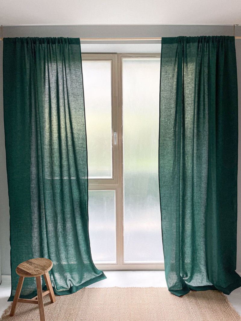 Medium Weight Washed Linen Curtains - Dark Green (Set of 2)