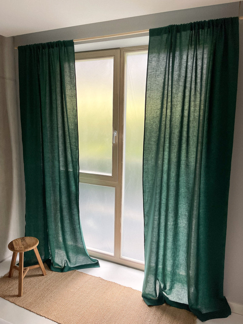 Medium Weight Washed Linen Curtains - Dark Green (Set of 2)