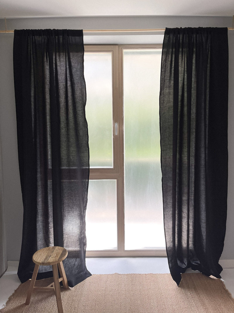 Medium Weight Washed Linen Curtains - Black (Set of 2)
